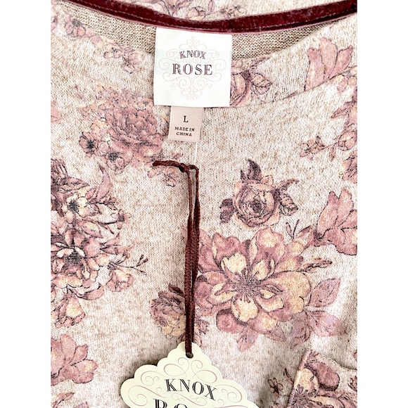 NWT Knox Rose Fleece Cream with Pink Floral 3/4 Sleeve Top with Tie Front Size L - Picture 4 of 4